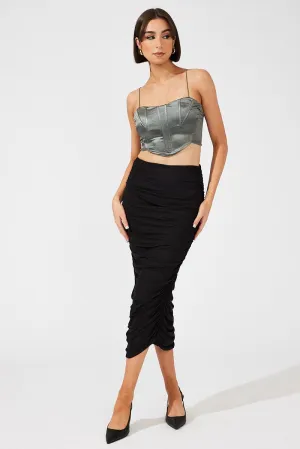 Biodegradable Fabric Black Abstract Midi Skirt Side Ruched Mesh