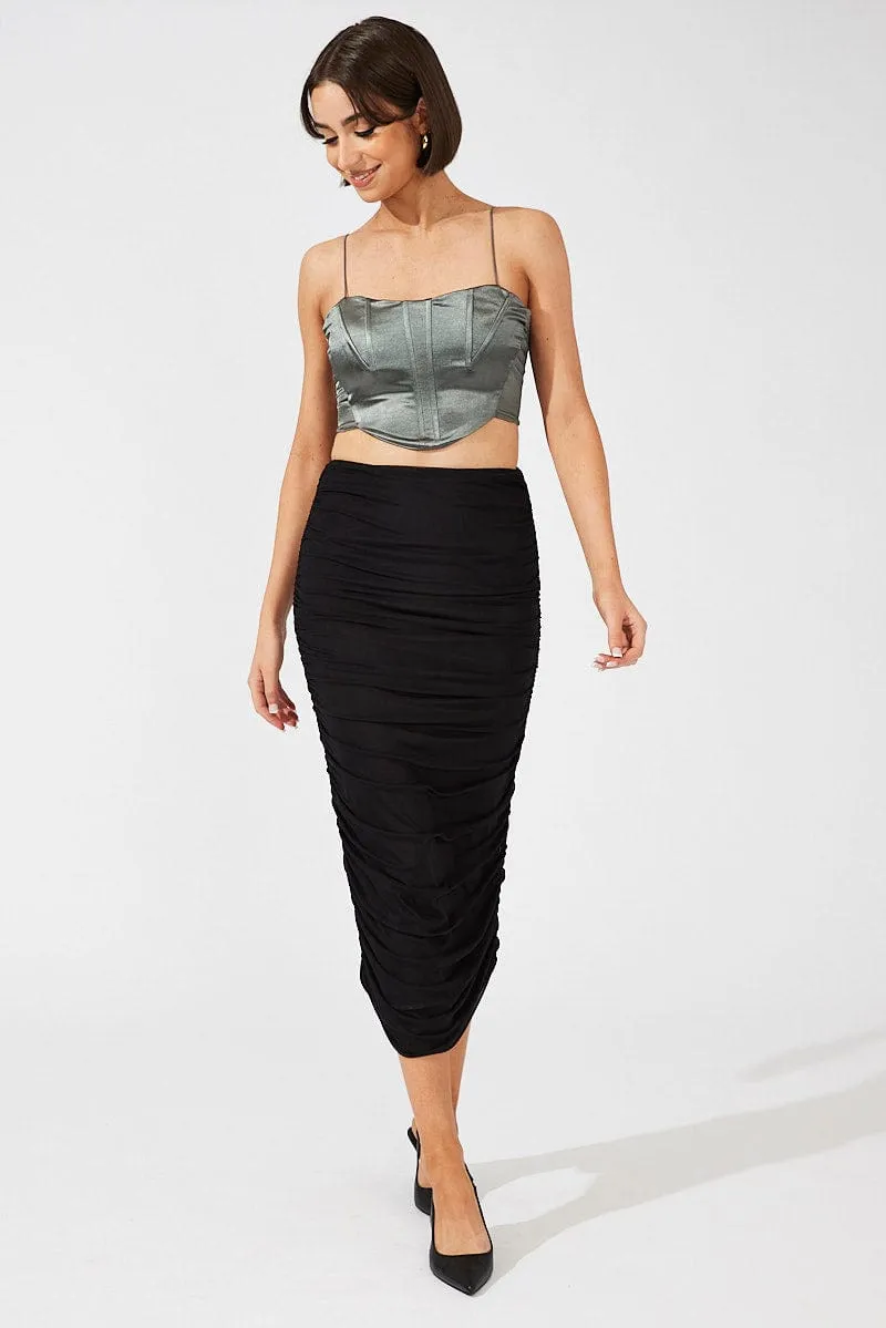 Light Fabric Street Vibe Black Abstract Midi Skirt Side Ruched Mesh