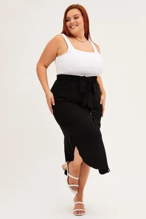 Black Midi Skirt Button Front Linen Blend Retro Style