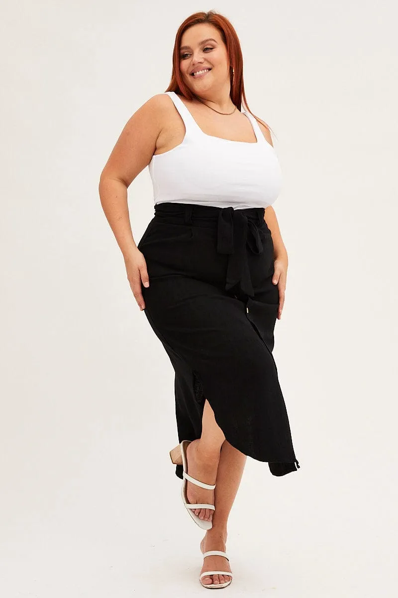 Black Midi Skirt Button Front Linen Blend Retro Style