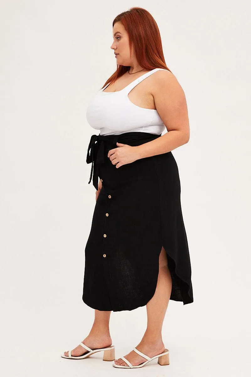 Black Midi Skirt Button Front Linen Blend Soft Vibe