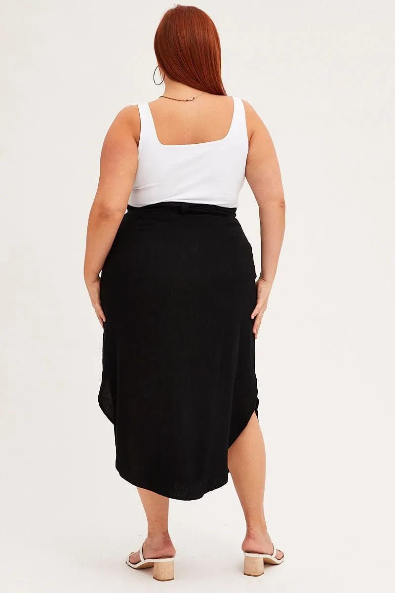 Black Midi Skirt Button Front Linen Blend Cotton Rich Clean Cut