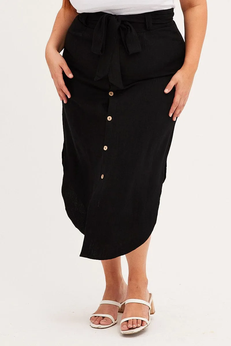 Functional Fashion Subtle Mood Black Midi Skirt Button Front Linen Blend