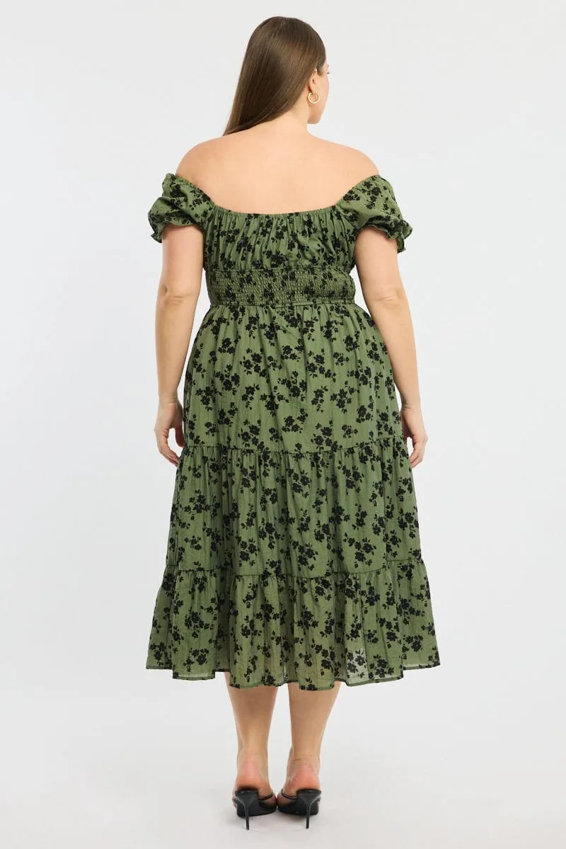 Green Floral Midi Dress Short Sleeve Cut Out Wood Deck
