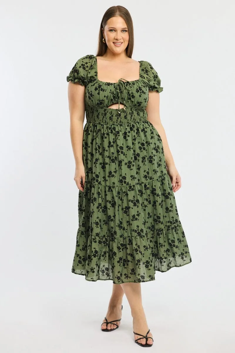 Green Floral Midi Dress Short Sleeve Cut Out Flattering Outfit