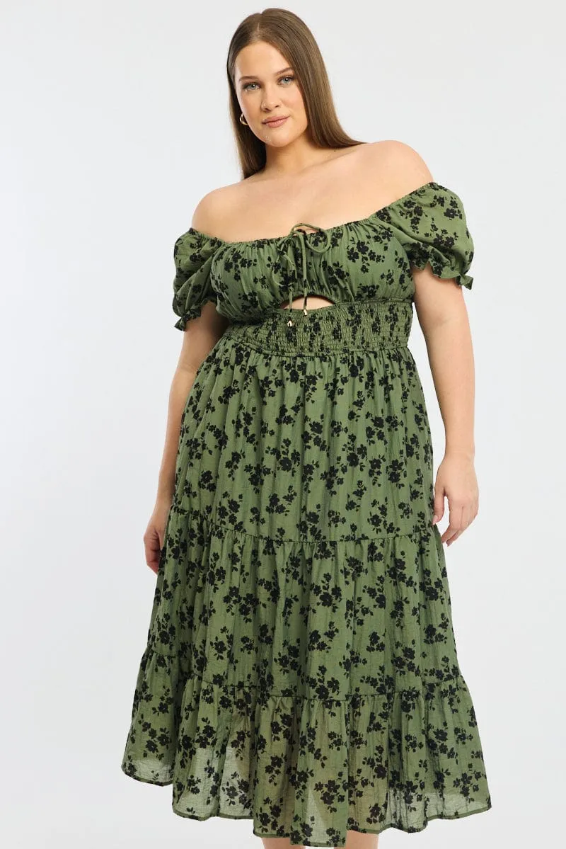 Brunch Ready Green Floral Midi Dress Short Sleeve Cut Out