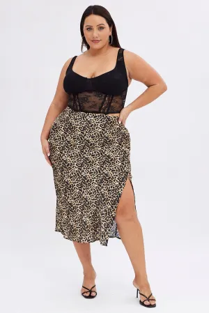 Flow Look Multi Animal Print Satin Skirt Leopard Split Midi