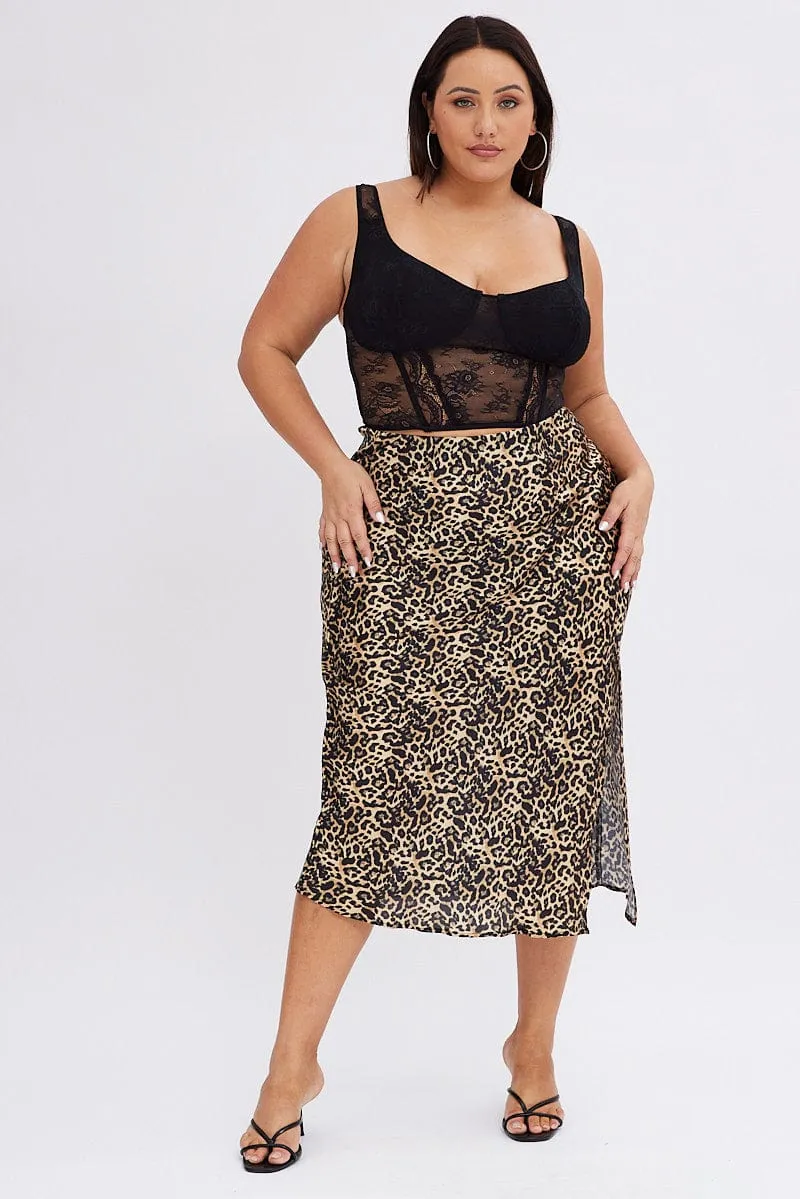Multi Animal Print Satin Skirt Leopard Split Midi Chic Look Active Wear