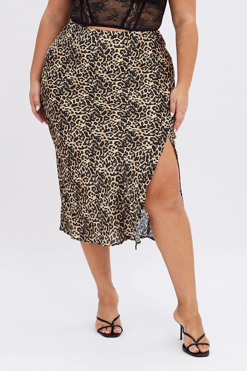 Multi Animal Print Satin Skirt Leopard Split Midi Timeless Touch