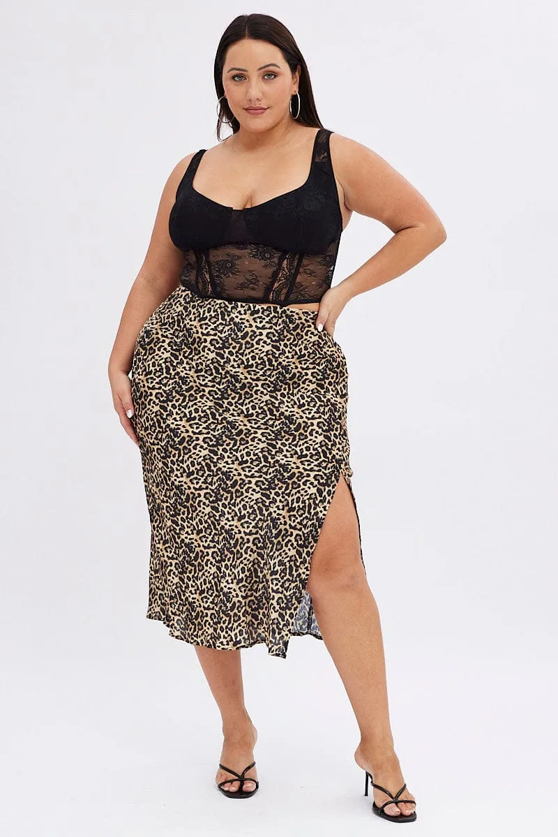 Flow Look Multi Animal Print Satin Skirt Leopard Split Midi