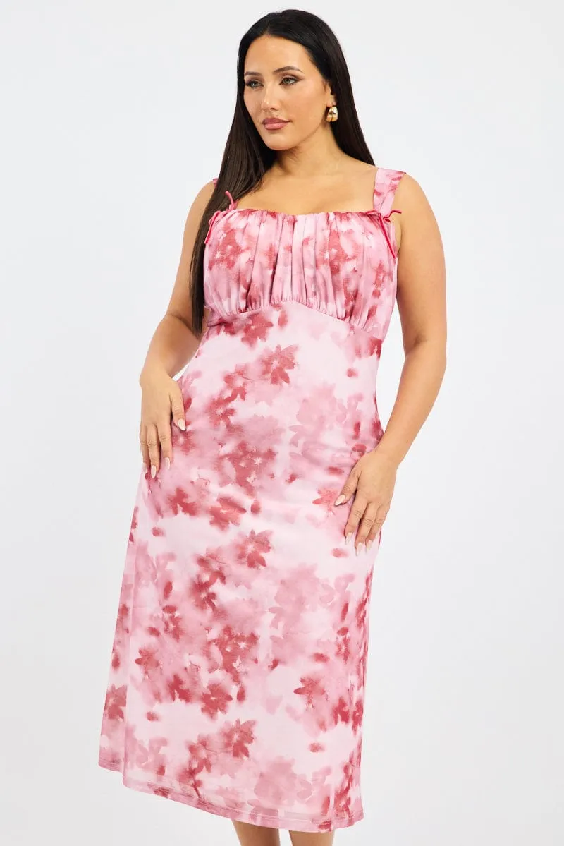 Red Floral Midi Dress Sleeveless Mesh Practical travel midi