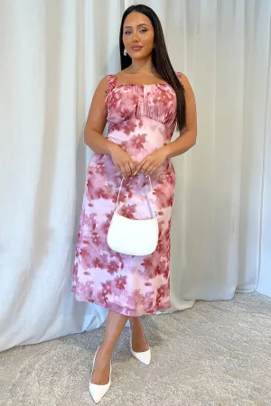 Fog Lane Red Floral Midi Dress Sleeveless Mesh