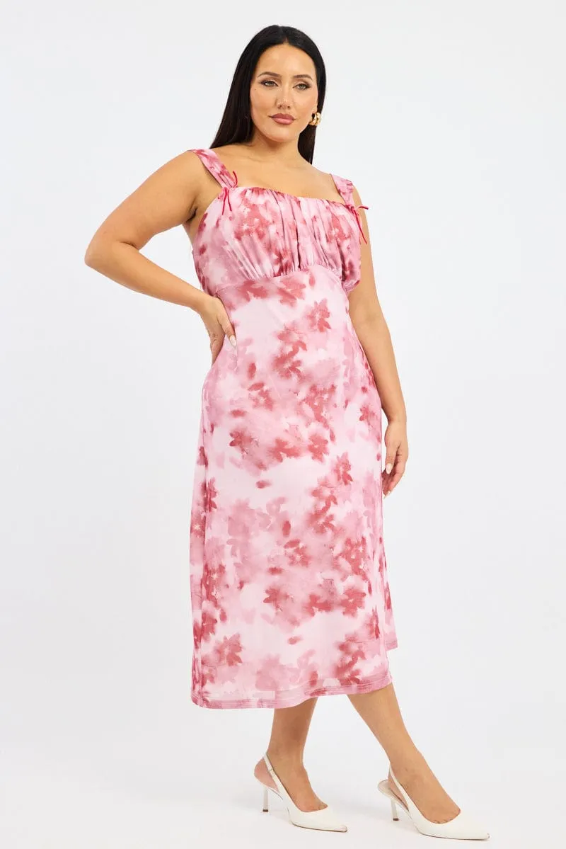 Feminine Elegance Red Floral Midi Dress Sleeveless Mesh