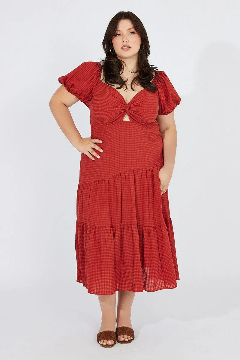 french chic Brown Midi Dress Short Sleeve Tiered Cut Out