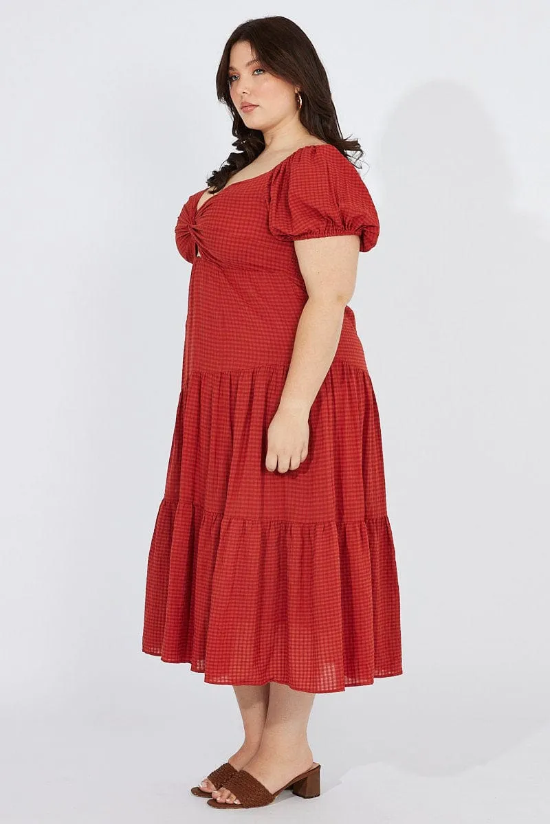 A-line midi dress Brown Midi Dress Short Sleeve Tiered Cut Out