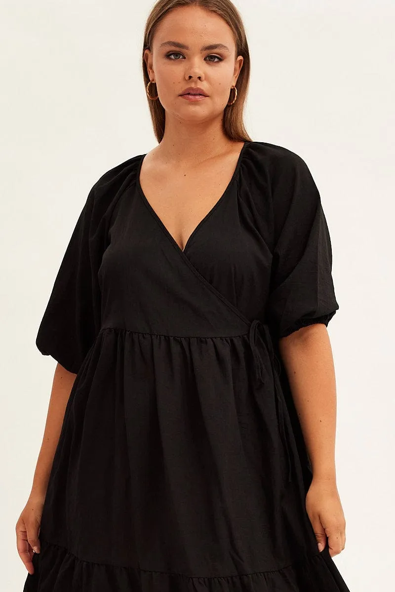Black Maxi Dress Wrap Short Sleeve Season Proof