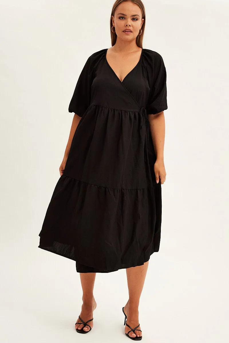 Black Maxi Dress Wrap Short Sleeve Drizzle Sky One Step Look