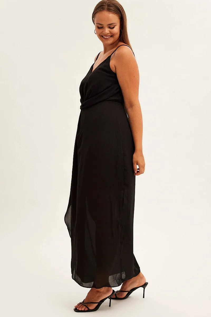 Flattering Layers Soft Ray Black Midi Dress Strappy Sleeveless Chiffon Draped