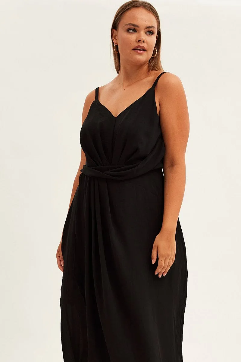 Black Midi Dress Strappy Sleeveless Chiffon Draped Island Mood Effortless Comfort