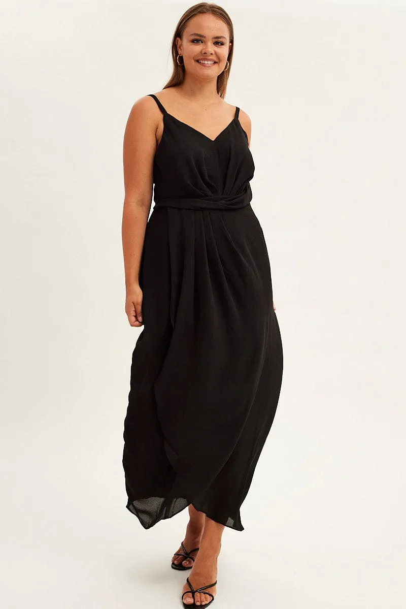 Black Midi Dress Strappy Sleeveless Chiffon Draped One Step Look