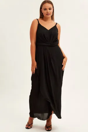 Black Midi Dress Strappy Sleeveless Chiffon Draped Polished Design