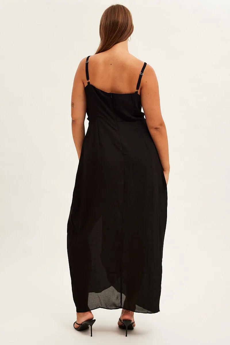 Black Midi Dress Strappy Sleeveless Chiffon Draped Rose Garden Grace Mood