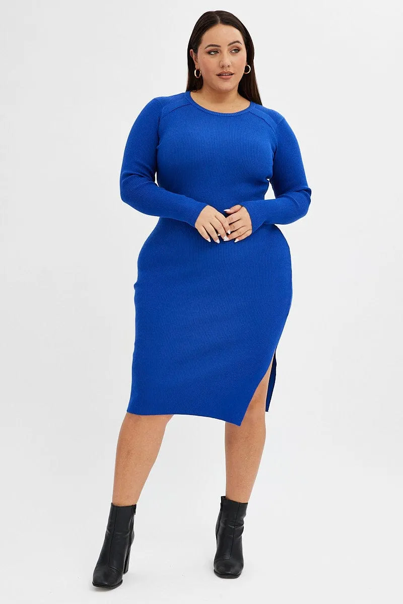 Blue Knit Dress Raglan Round Neck Side Split Gold Hour Platinum Shine