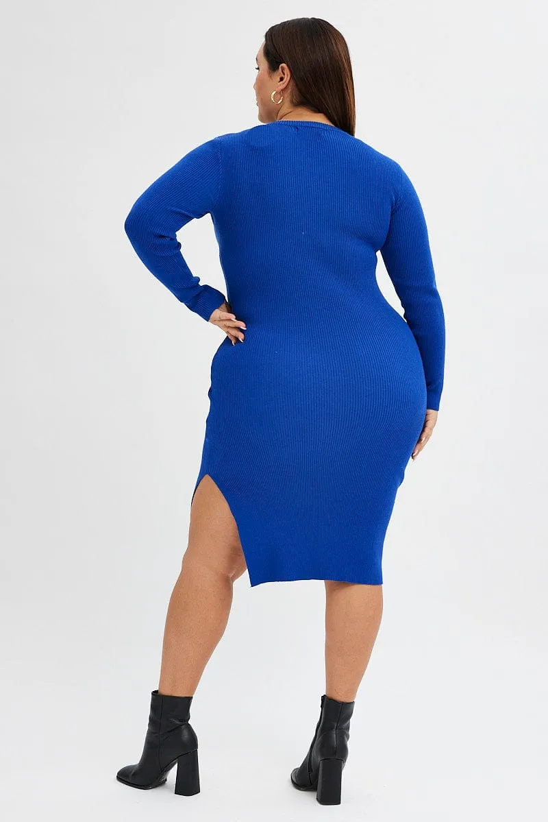 Blue Knit Dress Raglan Round Neck Side Split Lasting Joy