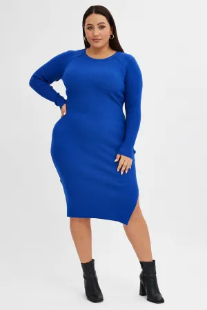 Blue Knit Dress Raglan Round Neck Side Split Casual Style