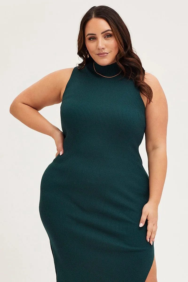 Sleek Silhouette Relaxed fit knee-length piece Green Bodycon Dress Round Neck Sleeveless
