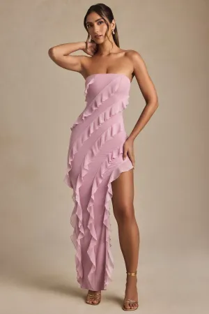 Quartz Shine This dress is designed to highlight your natural figure while providing ultimate comfort Bandeau Ruffle Detail Maxi Dress in Dusty Pink