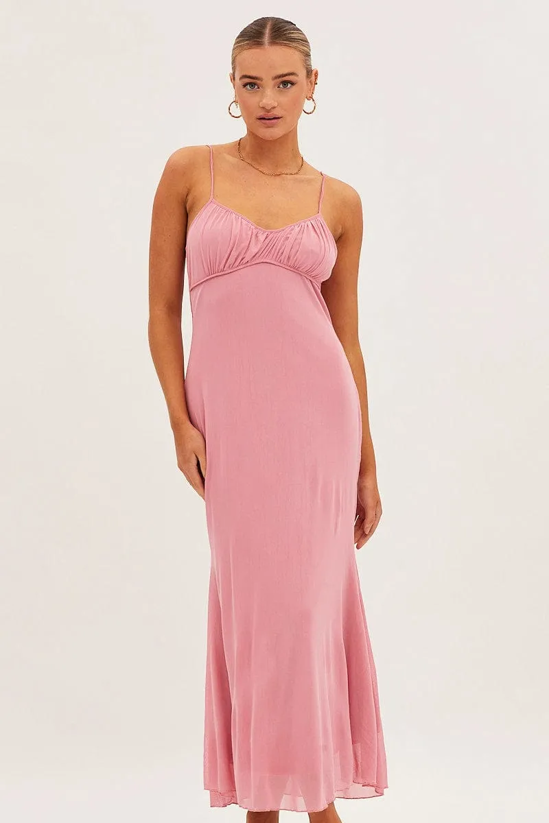 Pink Maxi Dress Sleeveless Gathering Bust Mesh Calm Mind Poetic Move