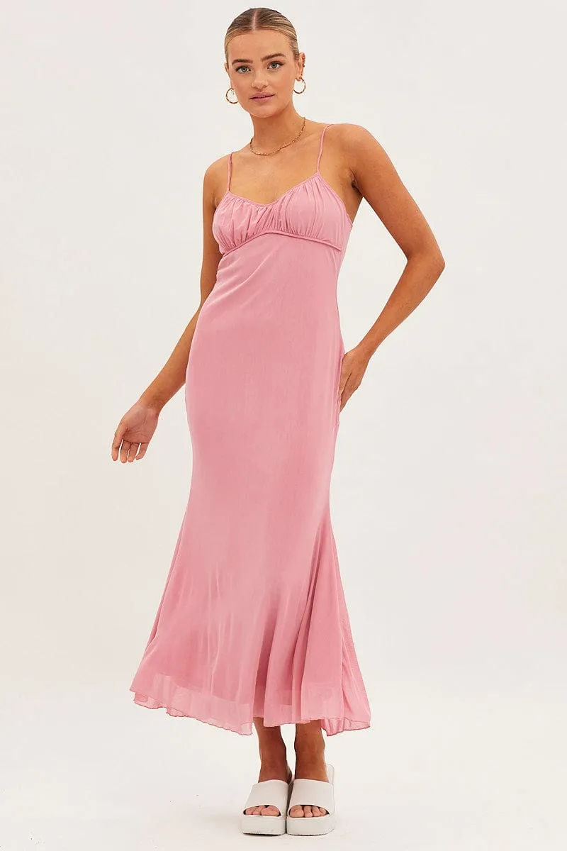 Pink Maxi Dress Sleeveless Gathering Bust Mesh Versatile occasion dress