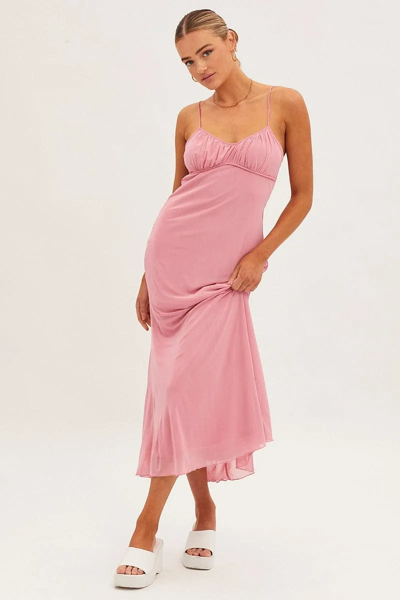 Pink Maxi Dress Sleeveless Gathering Bust Mesh Tile Glow Beautiful floor-skimming dress