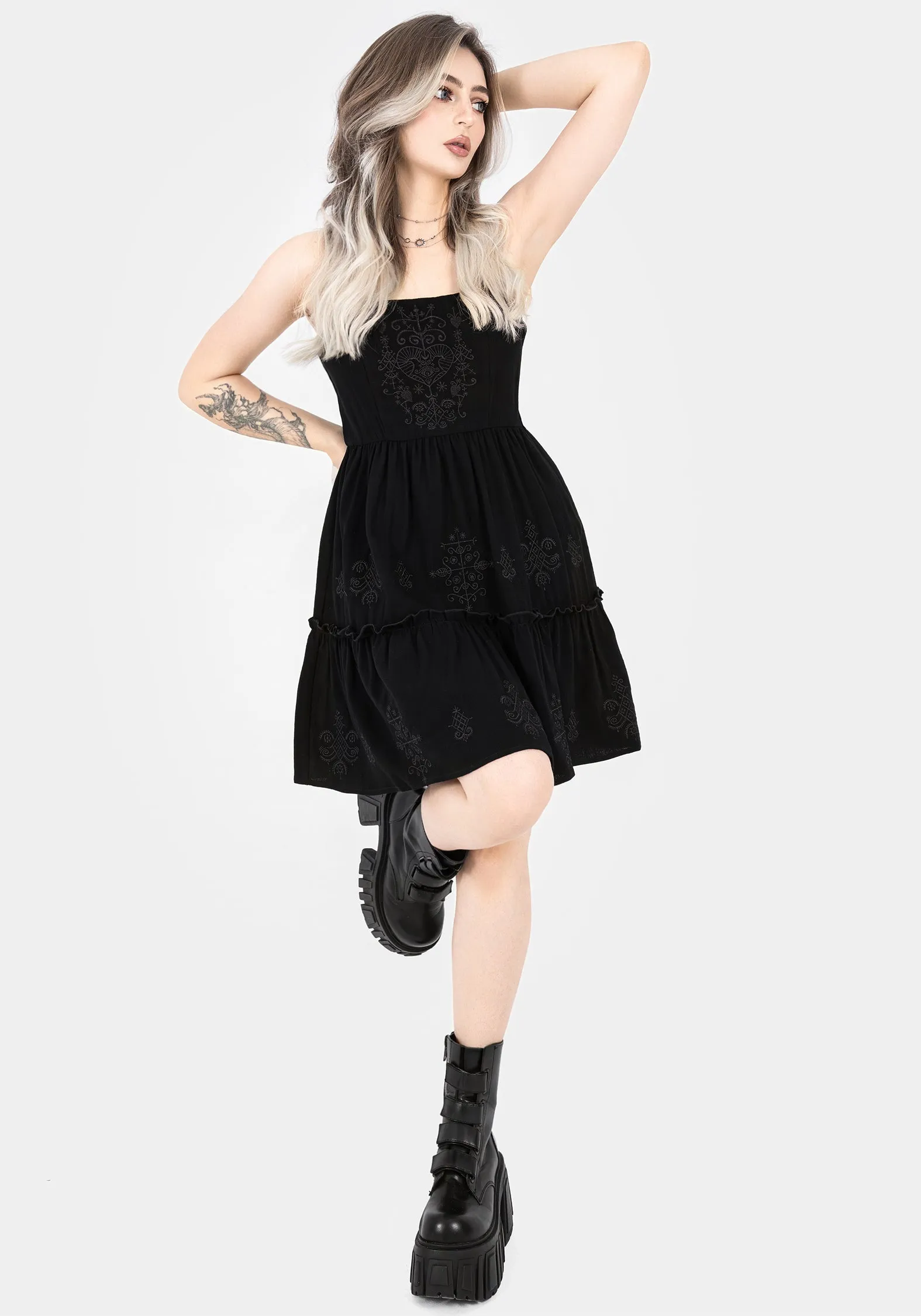 Cordata Embroidered Cami Mini Smock Dress Cross Back Support Design
