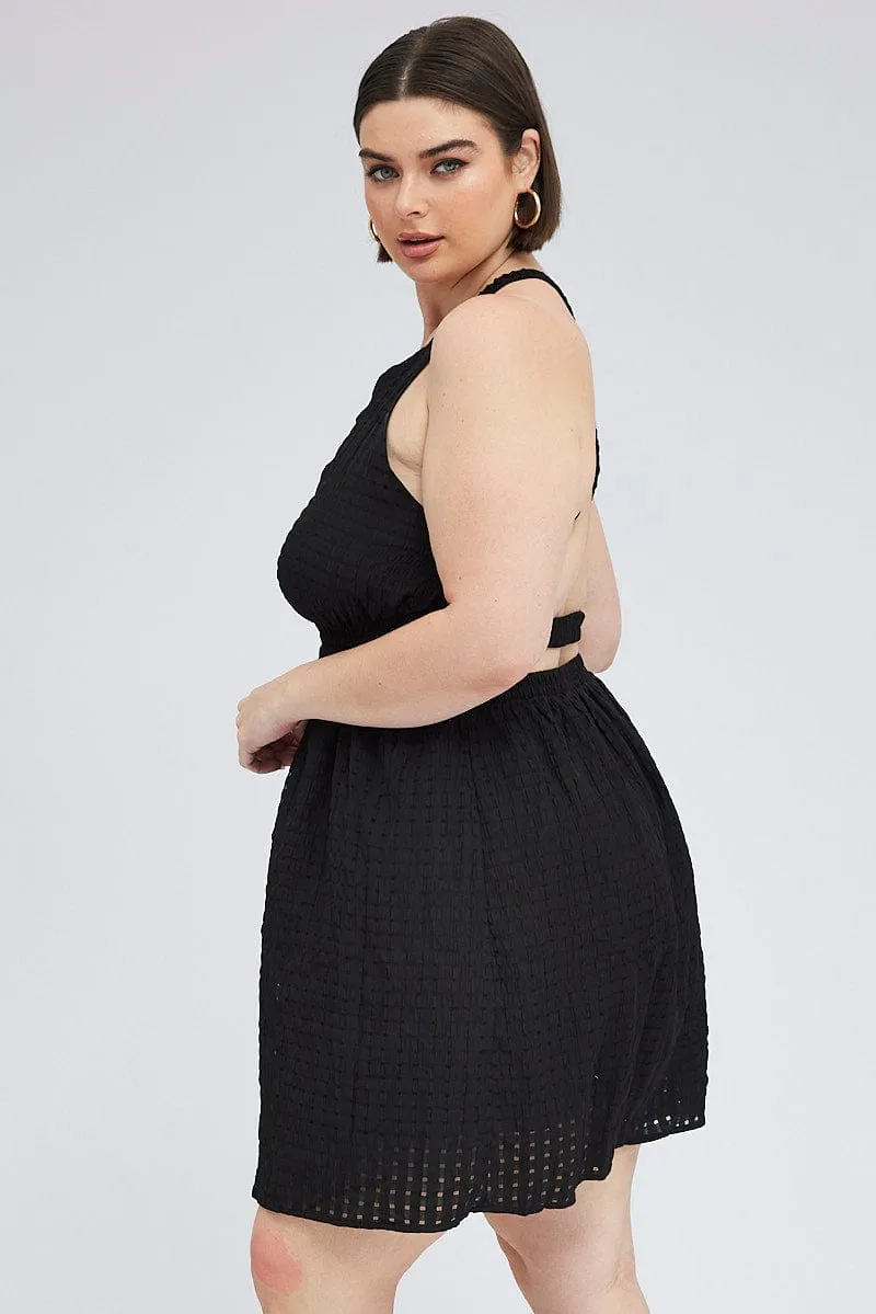 Vintage Lover Metal Shine Black Midi Dress Elastic Strappy Back