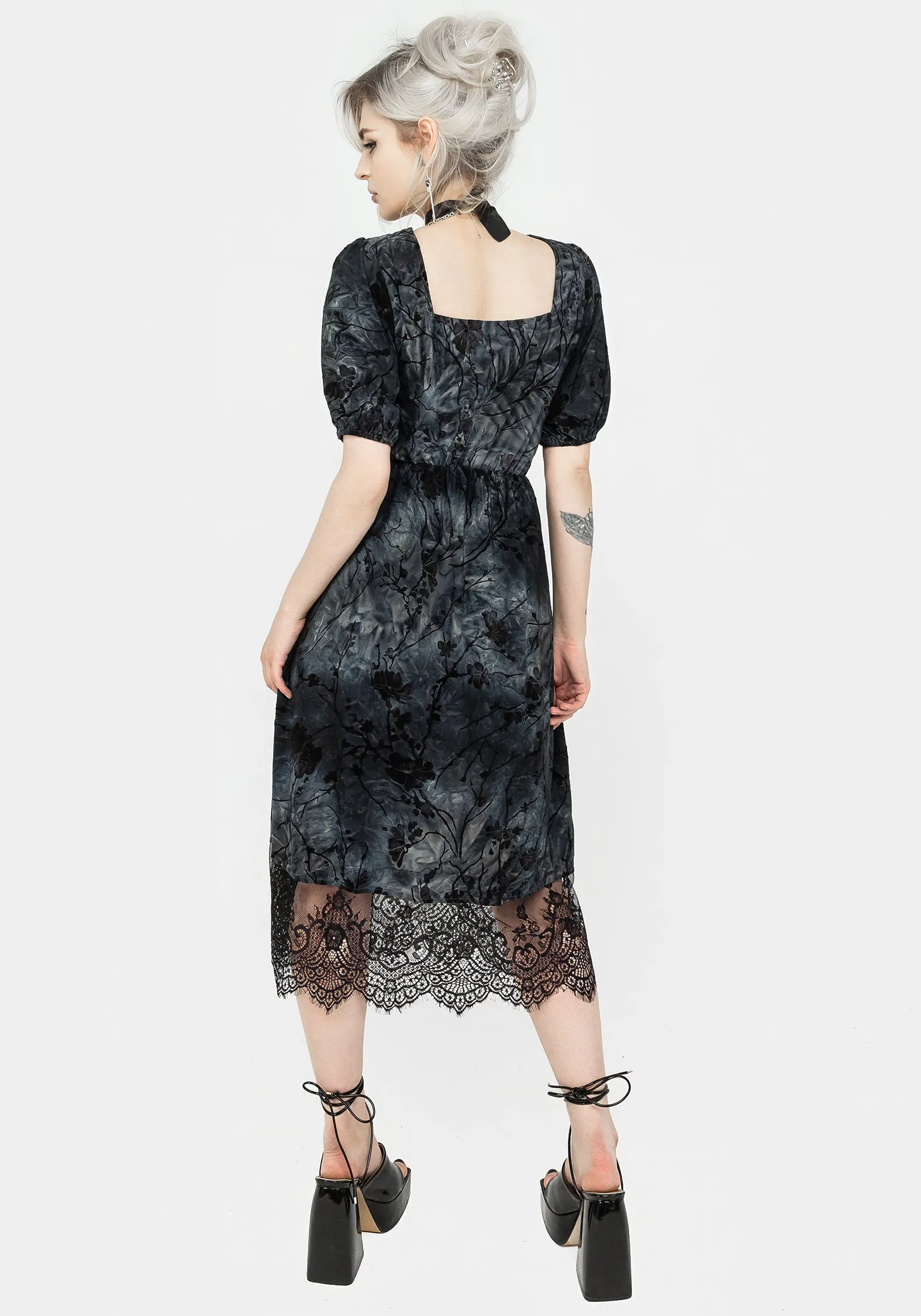 Sophisticated Style Picnic Shade Vice Lace Trim Velour Midi Dress