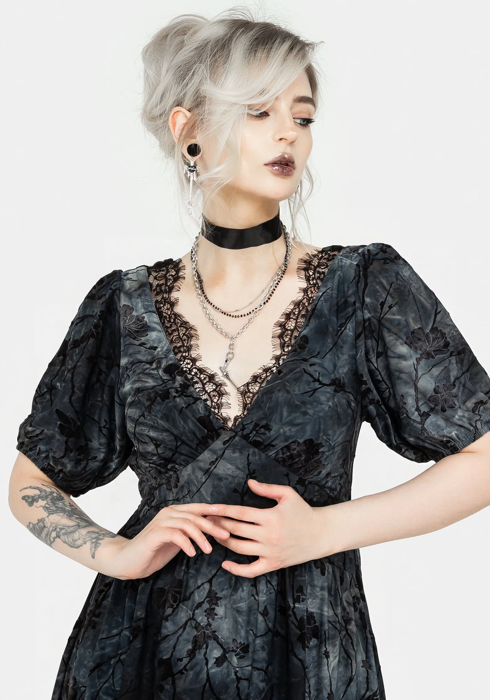 Stone Path Shadow Play Vice Lace Trim Velour Midi Dress