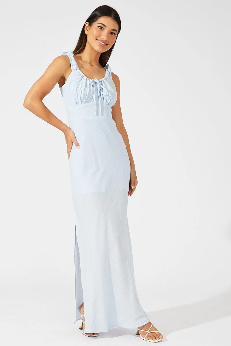 Blue Maxi Dress Short Sleeve Ruched Bust Chambray Light