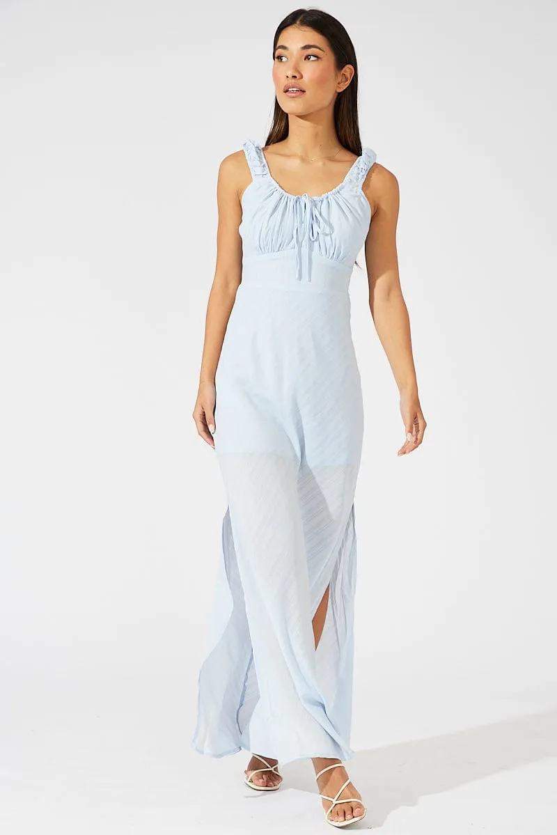 Blue Maxi Dress Short Sleeve Ruched Bust Diamond Shine