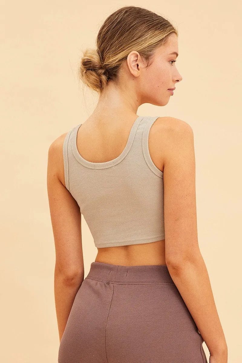All Day Winner Vibe Beige Cropped Tank Cotton Blend Rib Racer Back