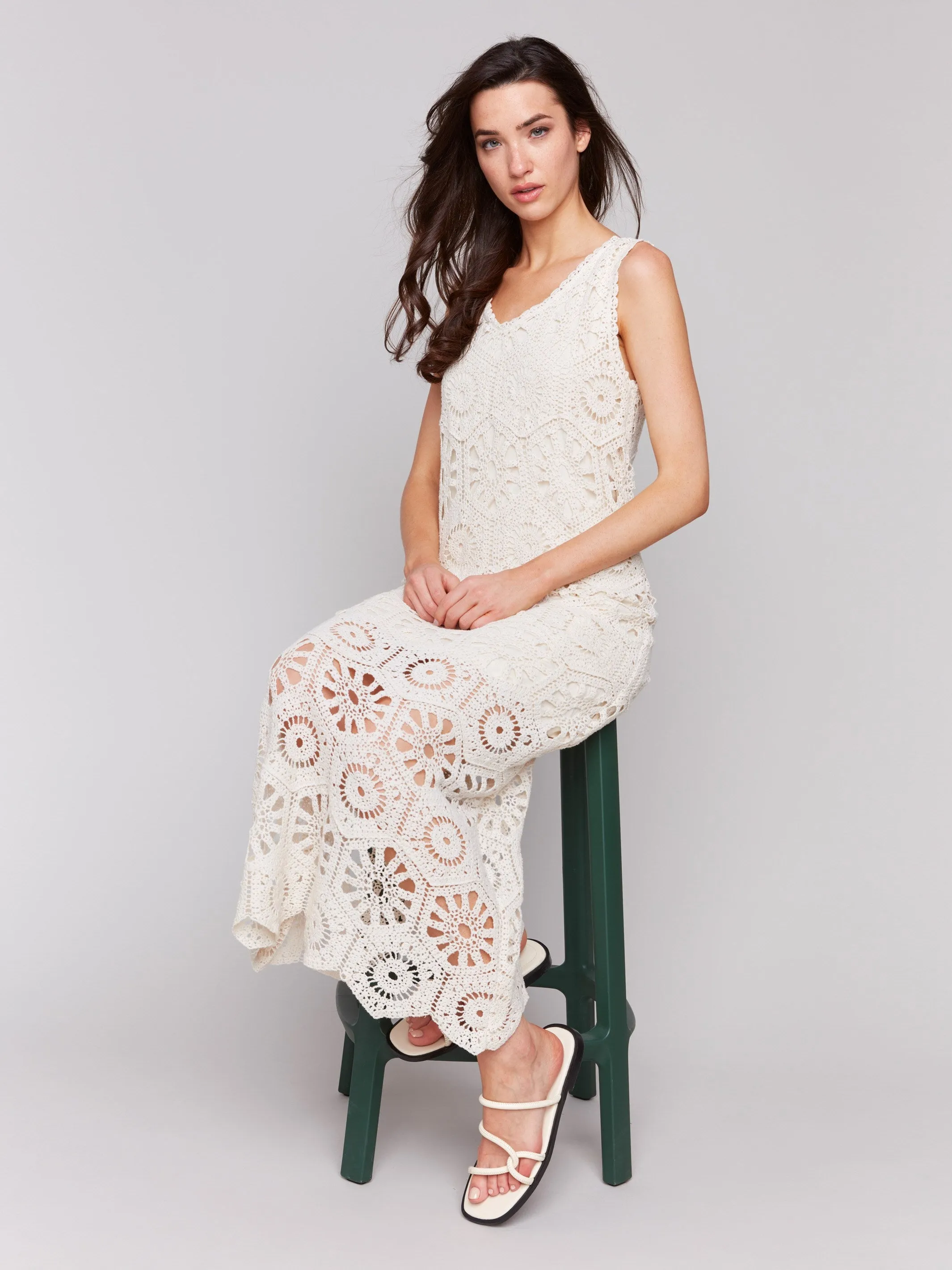 Breathable Style TumbleDry Safe Cotton Crochet Sleeveless Maxi Dress - Natural