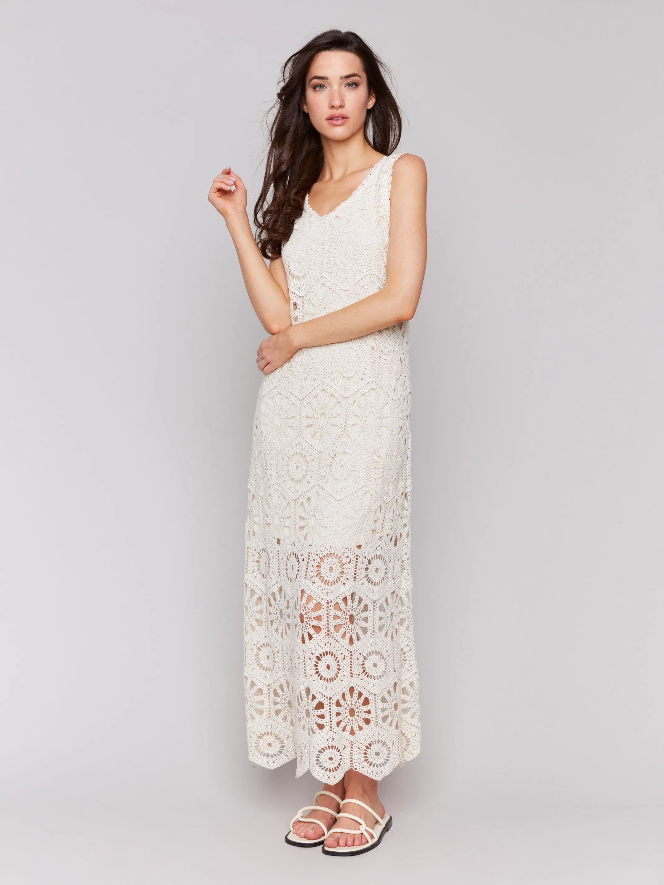Team Edge Cotton Crochet Sleeveless Maxi Dress - Natural