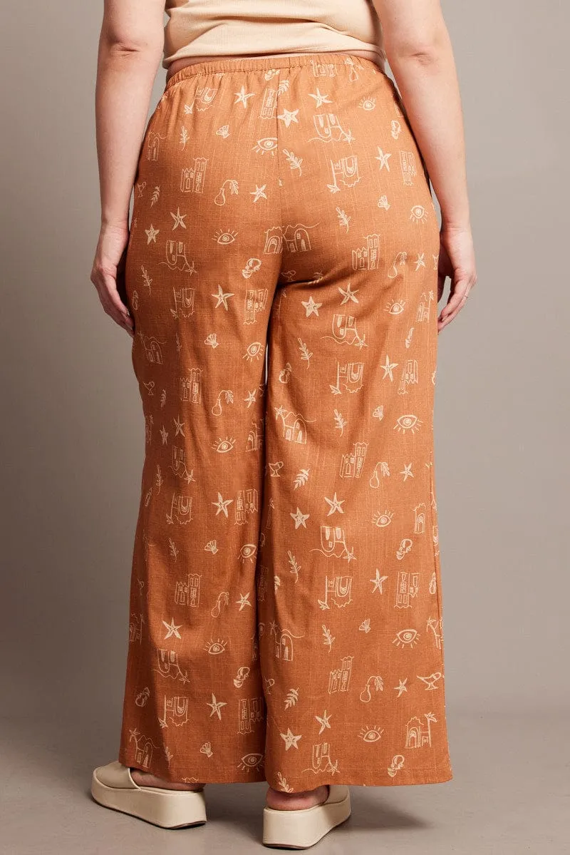 All Day Comfort Brown Abstract Wide Leg Pants High Rise