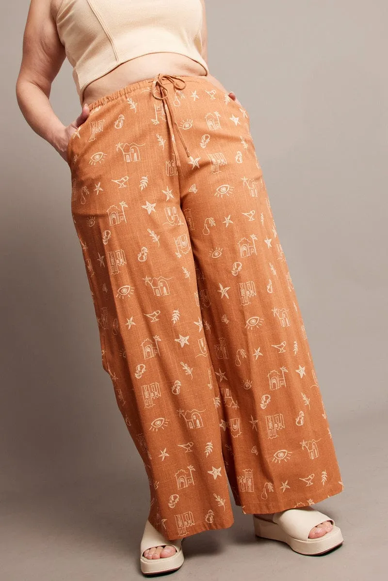 Brown Abstract Wide Leg Pants High Rise Embroidered Detail Formal Look