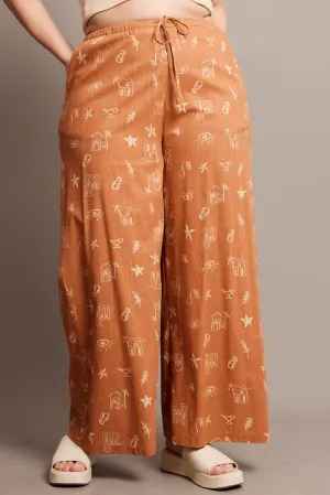 Rubberized grip Brown Abstract Wide Leg Pants High Rise
