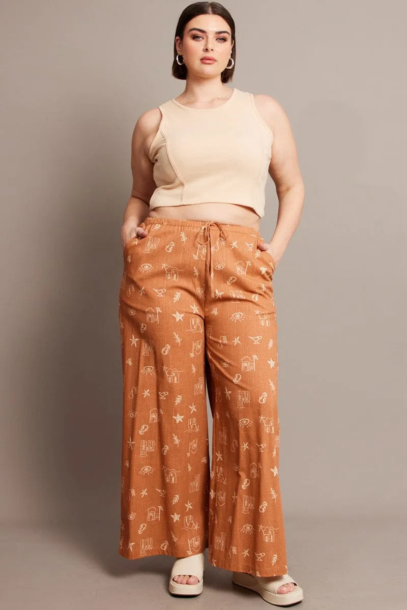Brown Abstract Wide Leg Pants High Rise Casual Must-Have