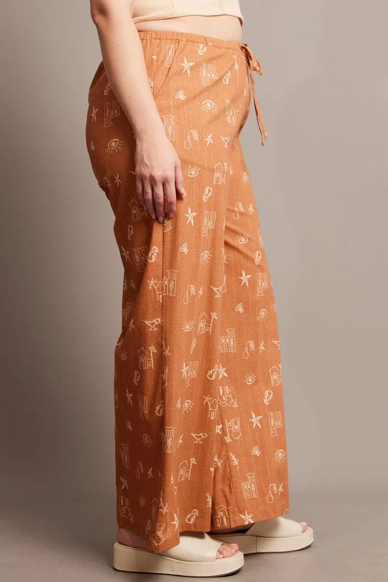 Flattering Design Wear Detachable belt Brown Abstract Wide Leg Pants High Rise