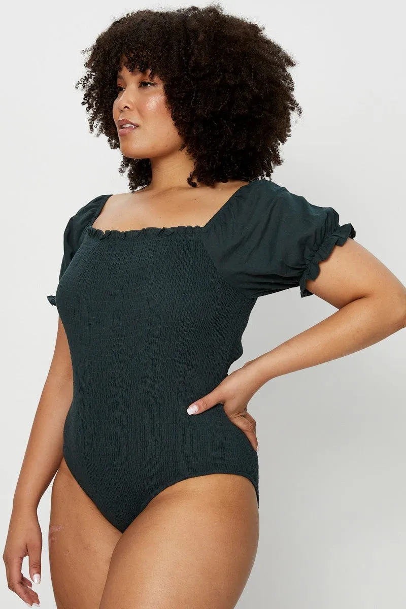 Green Shirred Bodysuit Forest Short Sleeve Stylish Scarf