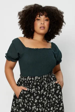 Green Shirred Bodysuit Forest Short Sleeve FlexibleMaterial